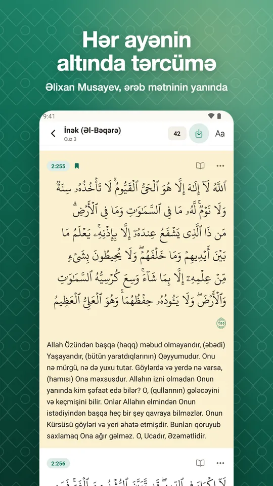 Hər ayənin altında tərcümə. Əlixan Musayev, ərəb mətninin yanında