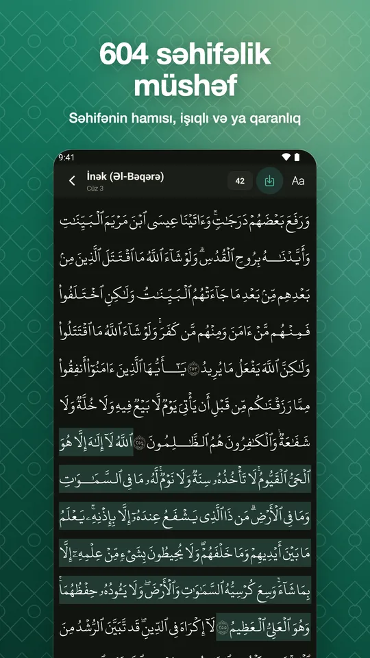 604 səhifəlik müshəf. Səhifənin hamısı, işıqlı və ya qaranlıq