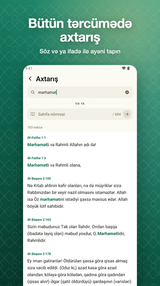 Bütün tərcümədə axtarış. Söz və ya ifadə ilə ayəni tapın