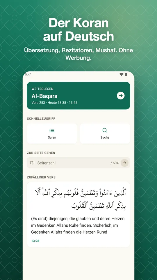 Der Koran auf Deutsch. Übersetzung, Rezitatoren, Mushaf. Ohne Werbung.