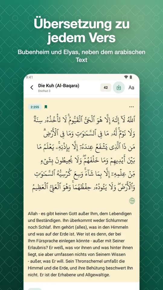 Übersetzung zu jedem Vers. Bubenheim und Elyas, neben dem arabischen Text