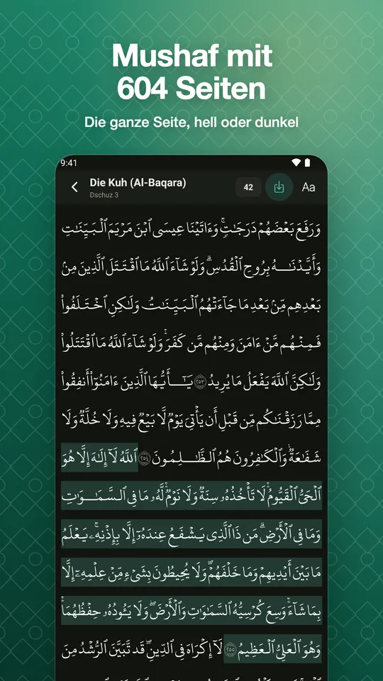 Mushaf mit 604 Seiten. Die ganze Seite, hell oder dunkel
