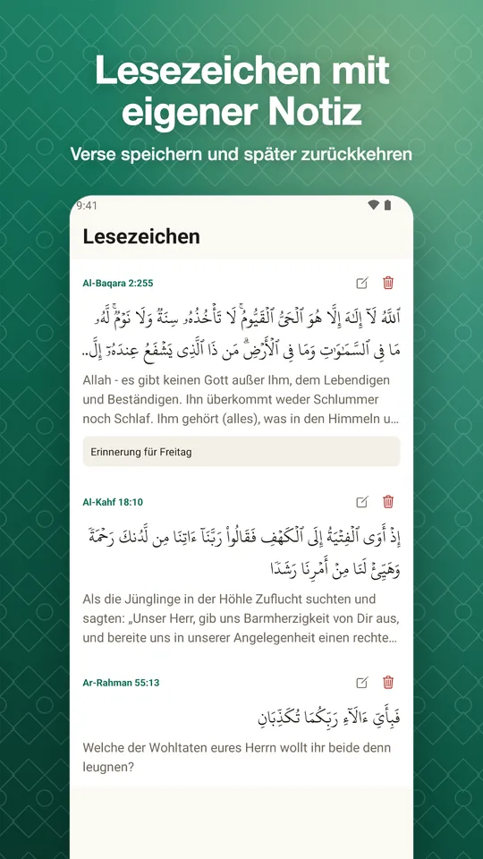 Lesezeichen mit eigener Notiz. Verse speichern und später zurückkehren