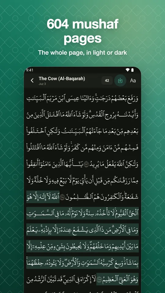 604 mushaf pages. The whole page, in light or dark