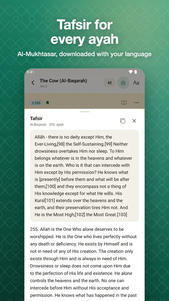 Tafsir for every ayah. Al-Mukhtasar, downloaded with your language