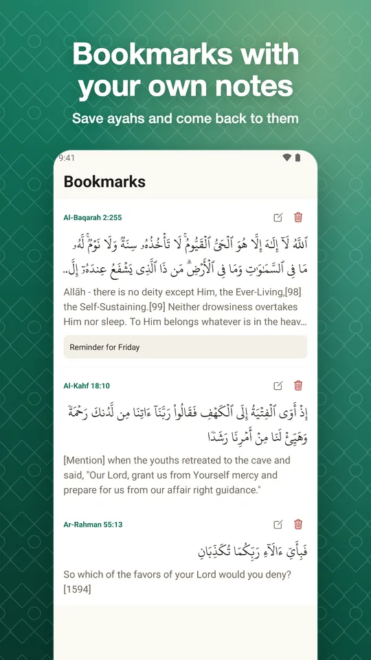 Bookmarks with your own notes. Save ayahs and come back to them