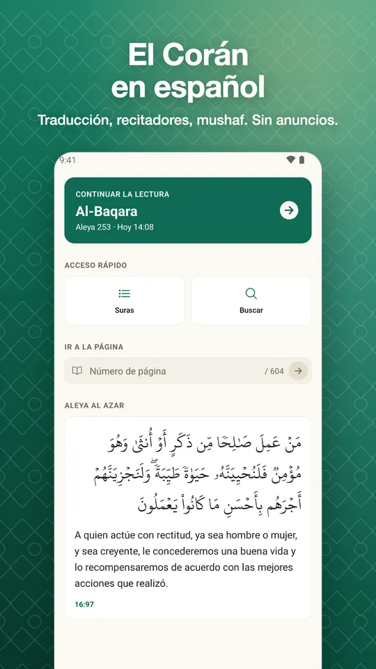 El Corán en español. Traducción, recitadores, mushaf. Sin anuncios.