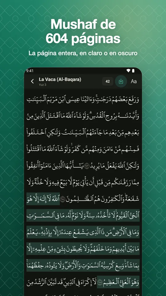 Mushaf de 604 páginas. La página entera, en claro o en oscuro