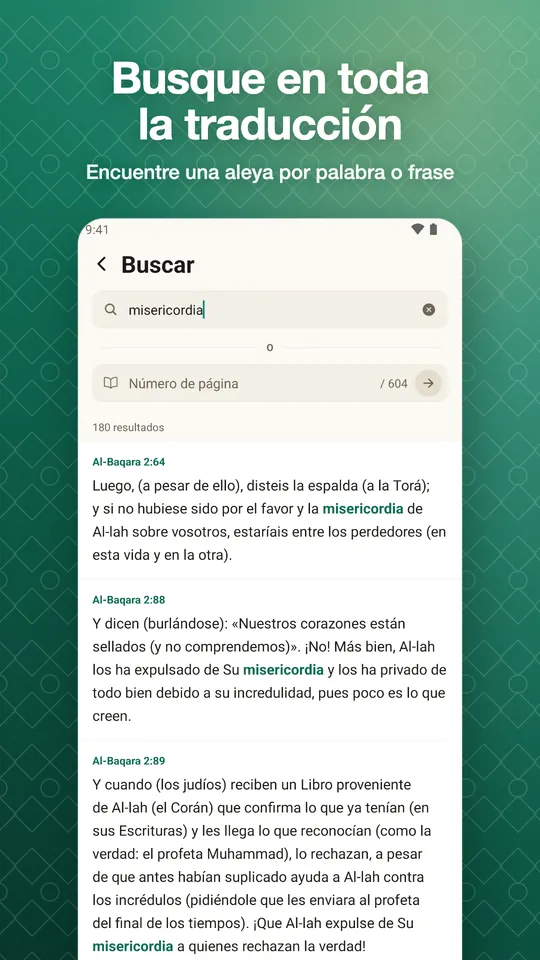 Busque en toda la traducción. Encuentre una aleya por palabra o frase