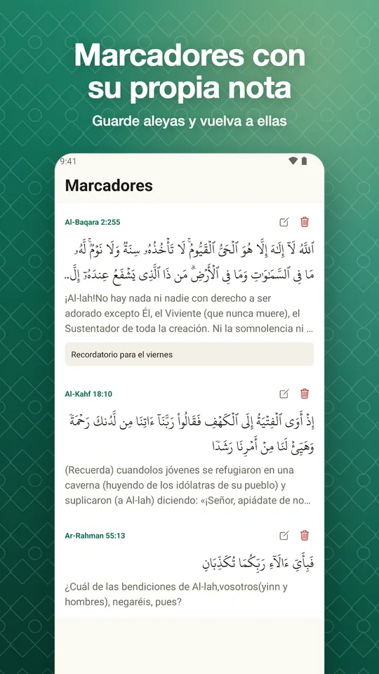 Marcadores con su propia nota. Guarde aleyas y vuelva a ellas