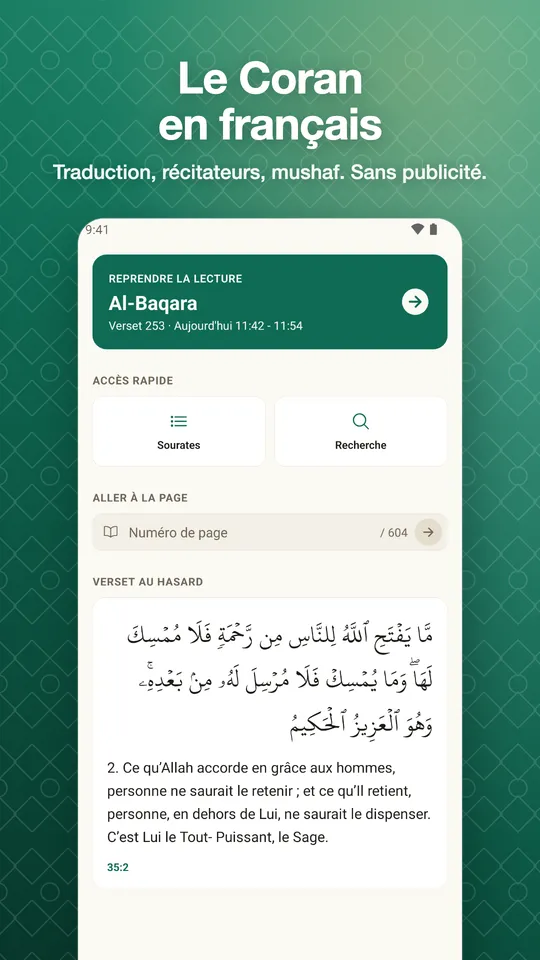 Le Coran en français. Traduction, récitateurs, mushaf. Sans publicité.