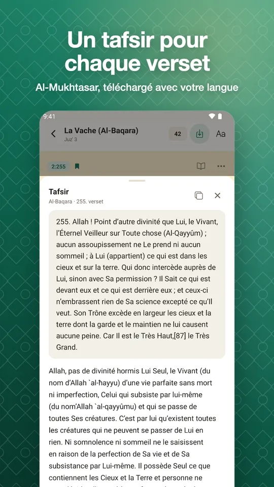 Un tafsir pour chaque verset. Al-Mukhtasar, téléchargé avec votre langue