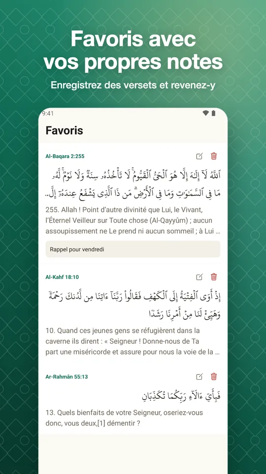 Favoris avec vos propres notes. Enregistrez des versets et revenez-y