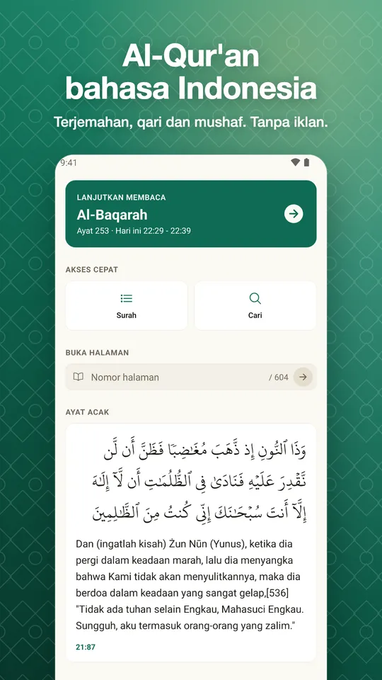 Al-Qur'an bahasa Indonesia. Terjemahan, qari dan mushaf. Tanpa iklan.