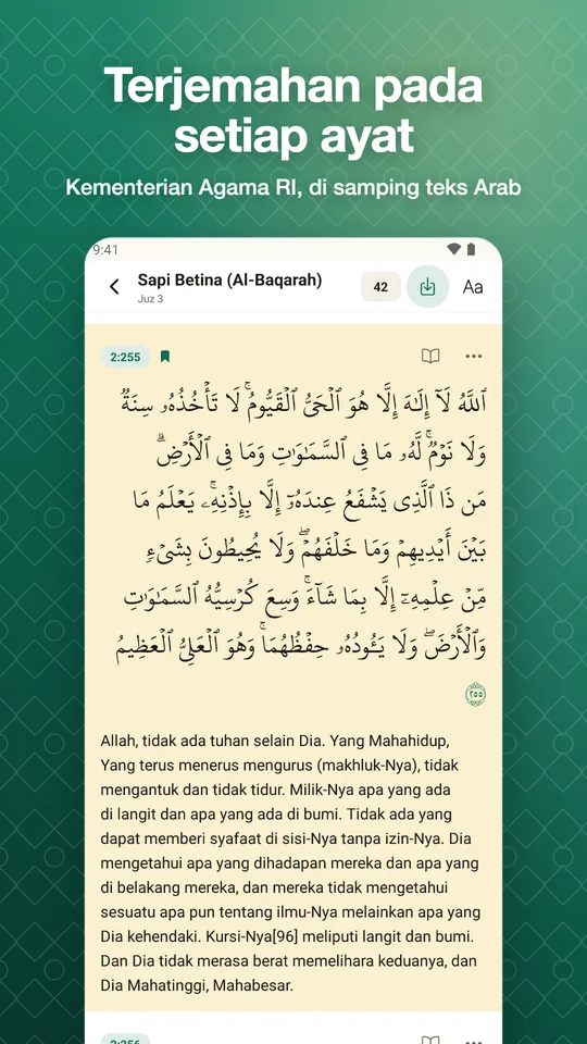 Terjemahan pada setiap ayat. Kementerian Agama RI, di samping teks Arab