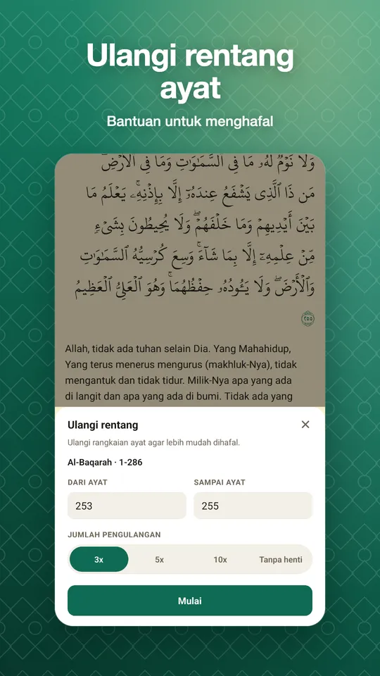 Ulangi rentang ayat. Bantuan untuk menghafal