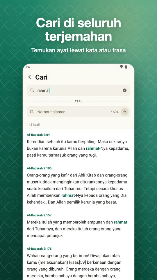Cari di seluruh terjemahan. Temukan ayat lewat kata atau frasa