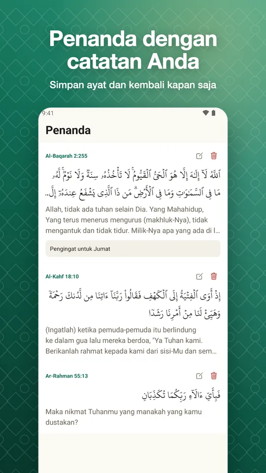 Penanda dengan catatan Anda. Simpan ayat dan kembali kapan saja