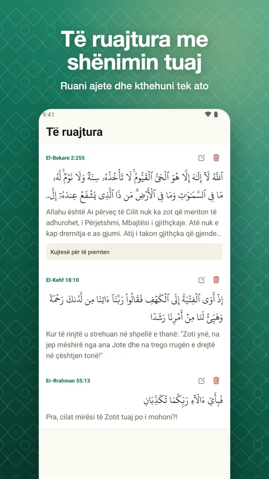 Të ruajtura me shënimin tuaj. Ruani ajete dhe kthehuni tek ato