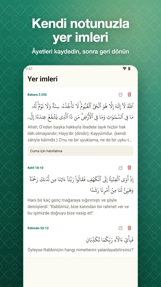 Kendi notunuzla yer imleri. Âyetleri kaydedin, sonra geri dönün