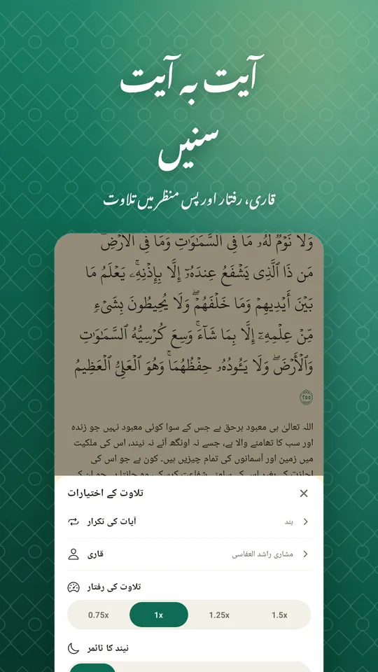 آیت بہ آیت سنیں. قاری، رفتار اور پس منظر میں تلاوت